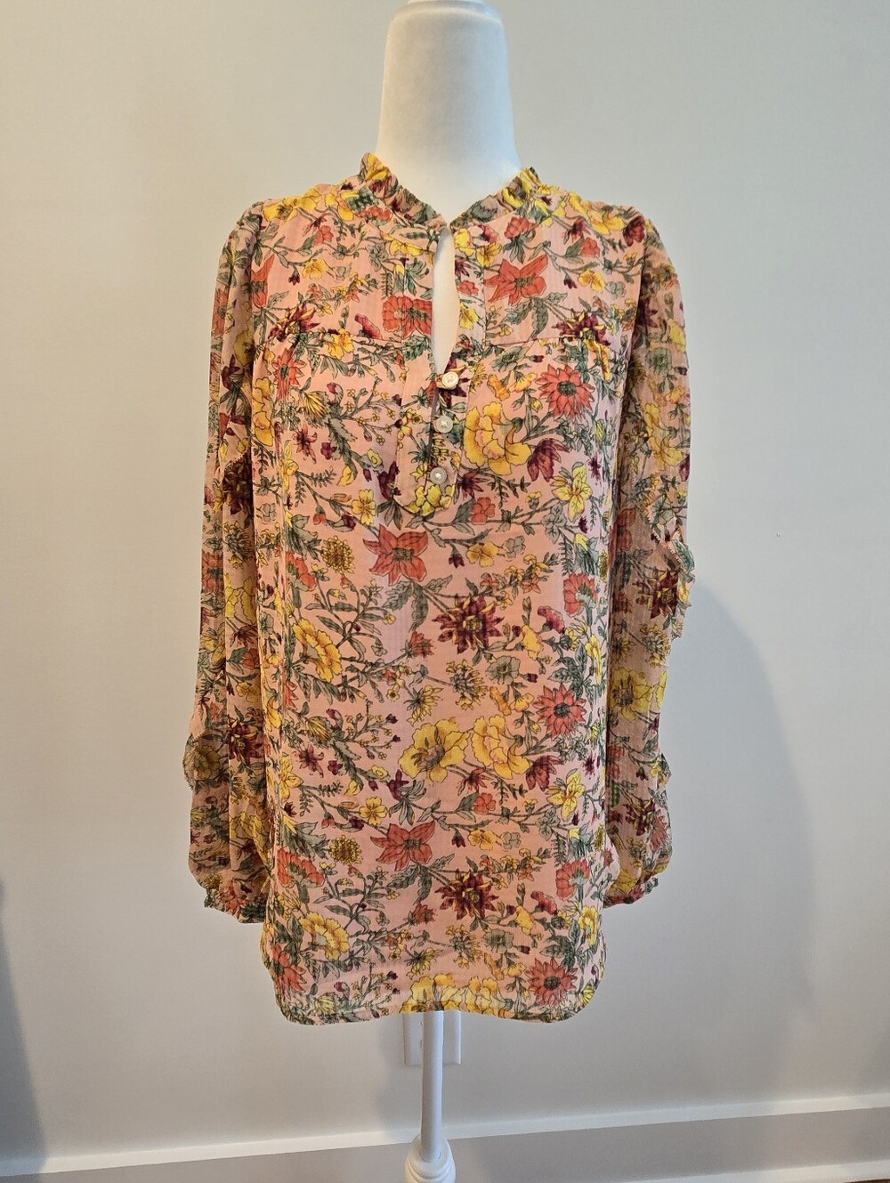 *NWT* LOFT Floral Pink Long-Sleeve Split-Neck Blouse - Size S